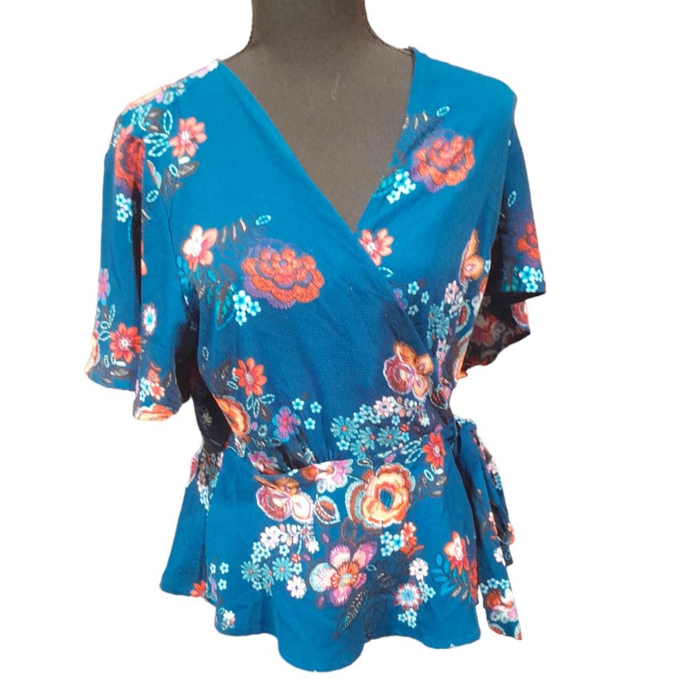 Monteau Teal Floral Wrap Blouse with Orange & Pink Accents